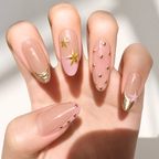 Gold Star Press On Nails Pink Nude Chrome, Y2K Almond Handmade Nail Set