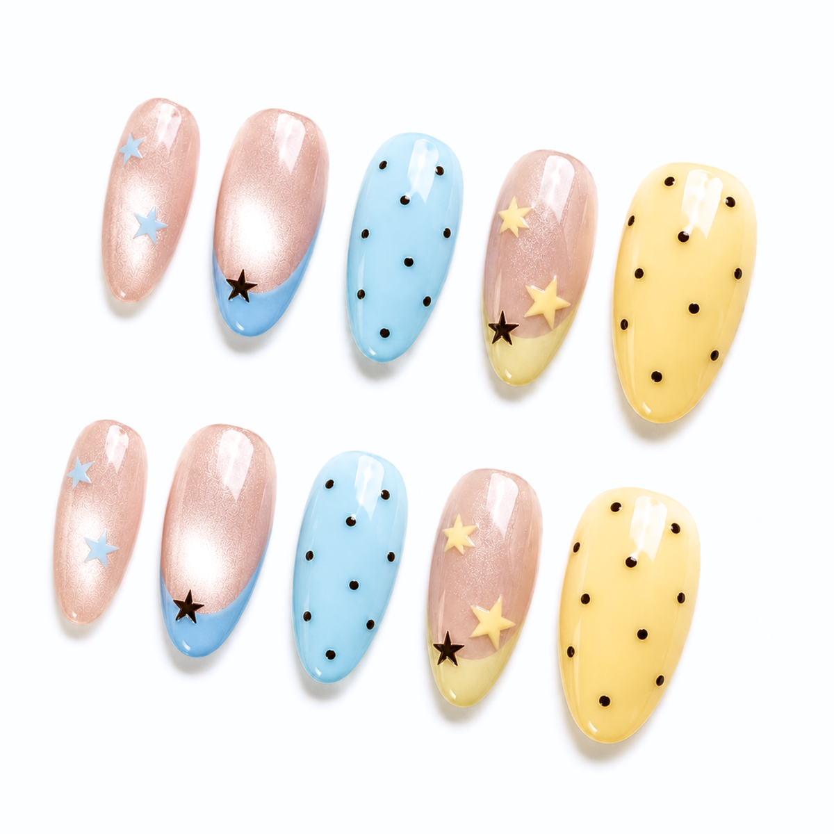 Pastel Polka Dot Press On Nails, Star Y2K Almond Nails Handmade Kawaii Reusable Nail Set