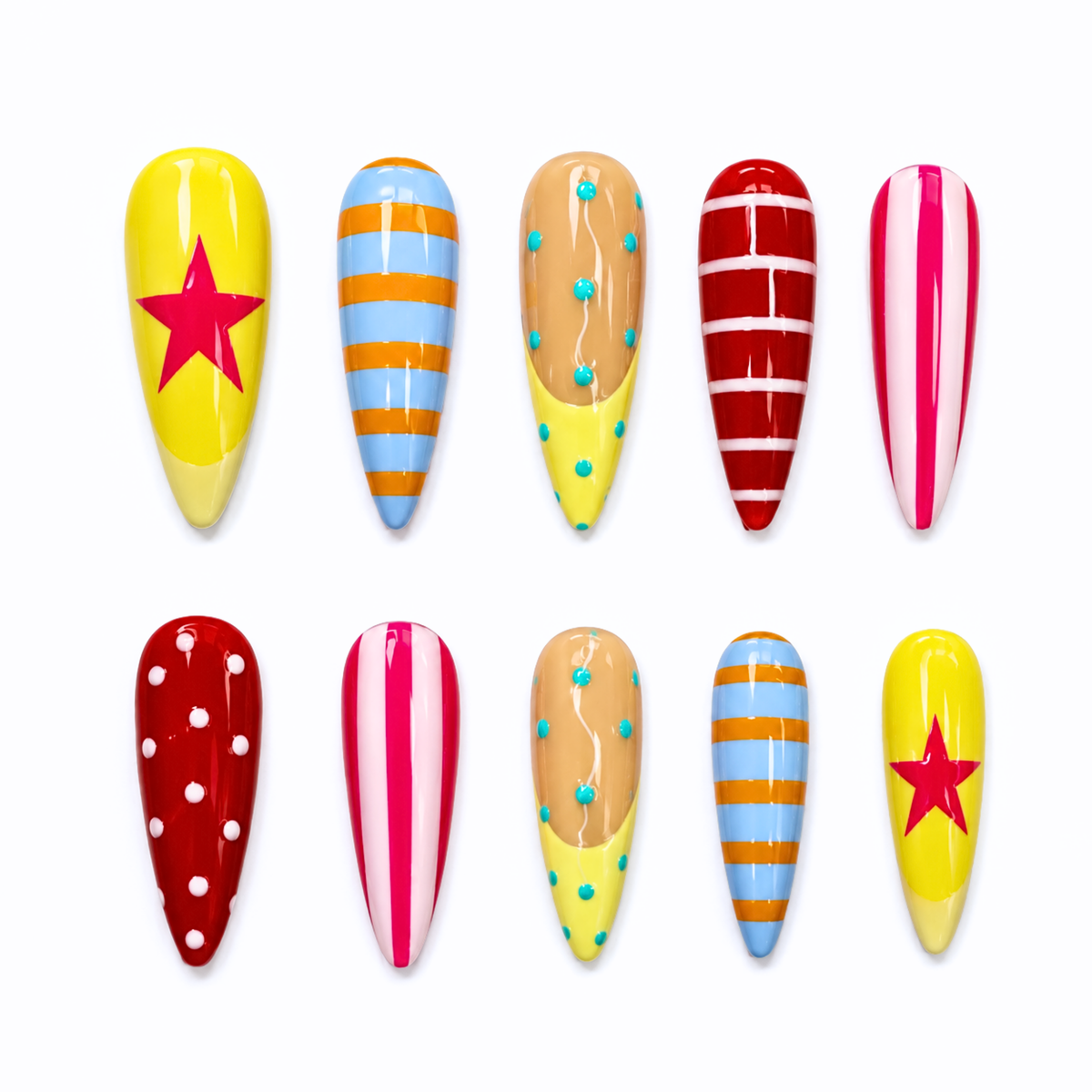 Retro Pop Art Press On Nails, Colorful Star Y2K Almond Nails Handmade Funky Reusable Nail Set