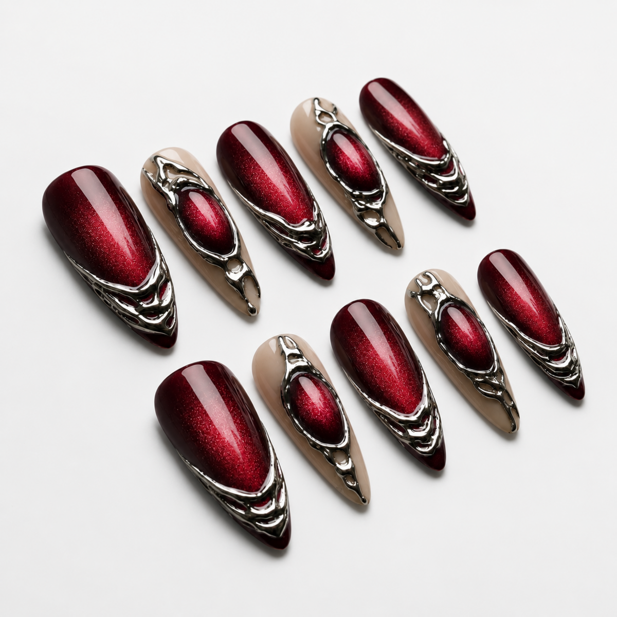 Red Chrome Press On Nails, Burgundy Cat Eye Nails, Luxury Gothic Almond Set