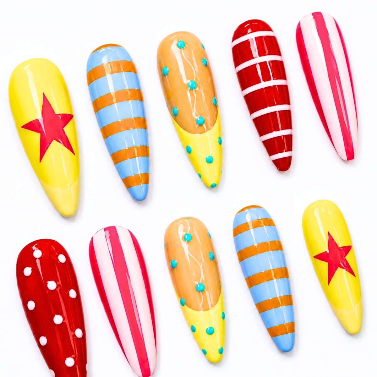 Retro Pop Art Press On Nails, Colorful Star Y2K Almond Nails Handmade Funky Reusable Nail Set