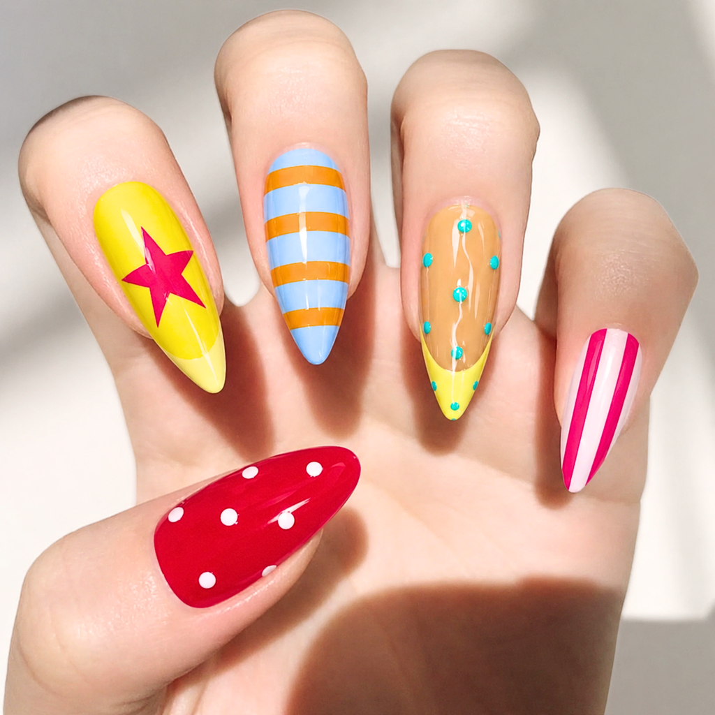 Retro Pop Art Press On Nails, Colorful Star Y2K Almond Nails Handmade Funky Reusable Nail Set