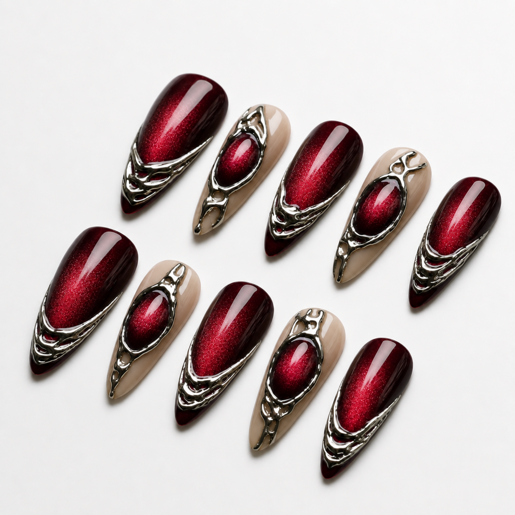 Red Chrome Press On Nails, Burgundy Cat Eye Nails, Luxury Gothic Almond Set