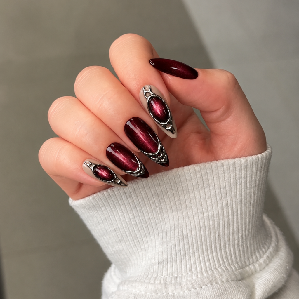 Red Chrome Press On Nails, Burgundy Cat Eye Nails, Luxury Gothic Almond Set