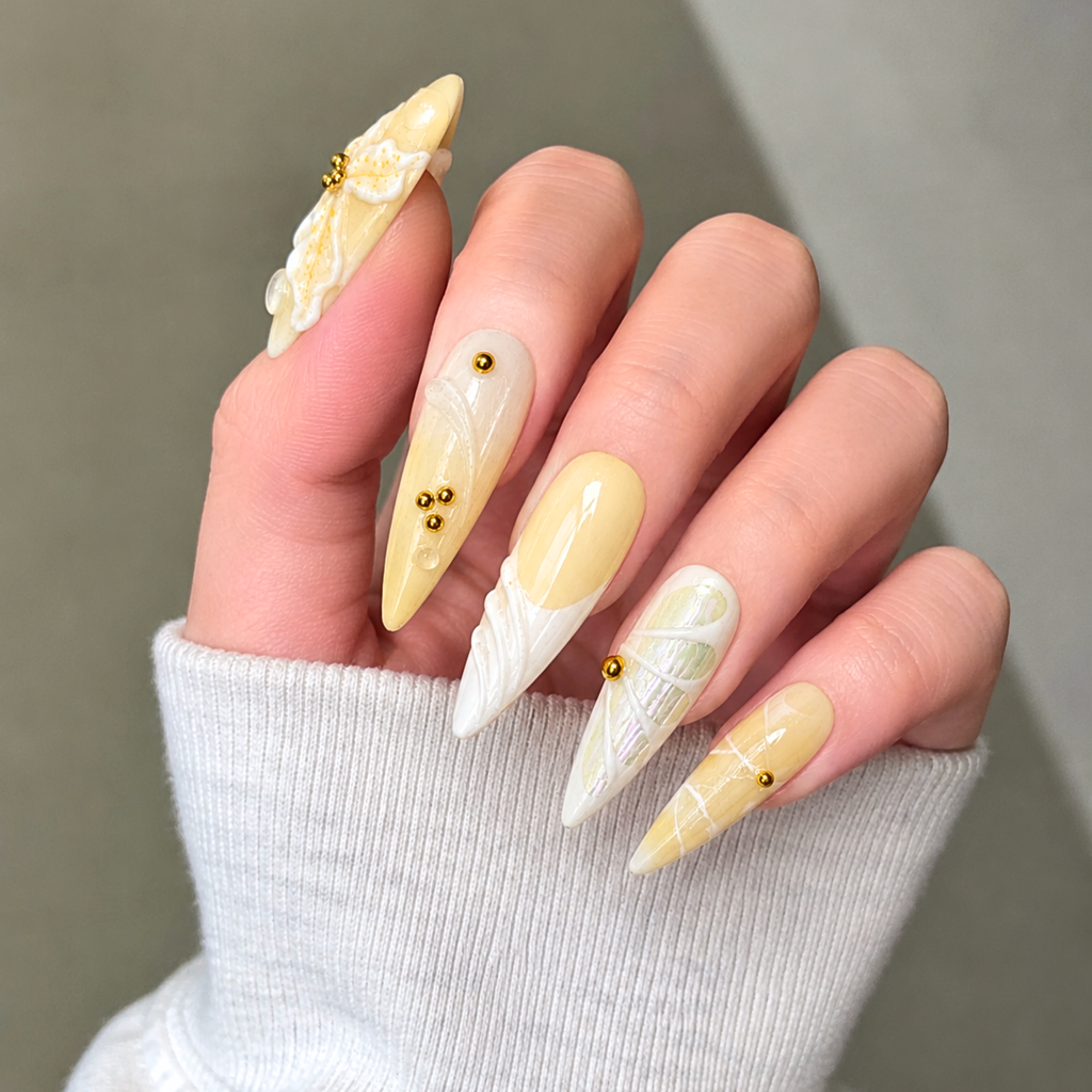 Yellow Floral Press On Nails, 3D Orchid Almond Nails, Luxury Summer Vacation Nail Set