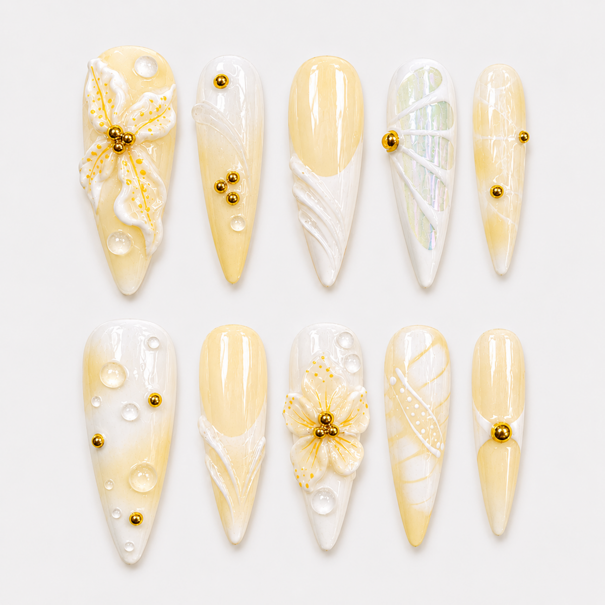 Yellow Floral Press On Nails, 3D Orchid Almond Nails, Luxury Summer Vacation Nail Set