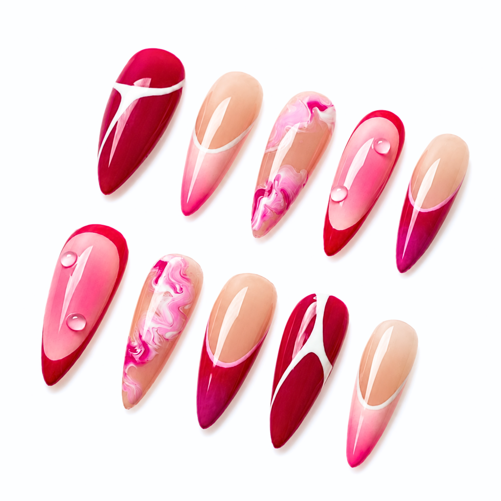 Red Pink French Tip Press On Nails, Marble Swirl Glossy Handmade Almond Fake Nails