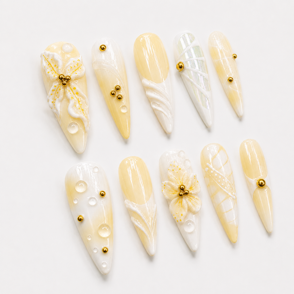 Yellow Floral Press On Nails, 3D Orchid Almond Nails, Luxury Summer Vacation Nail Set