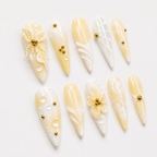 Yellow Floral Press On Nails, 3D Orchid Almond Nails, Luxury Summer Vacation Nail Set