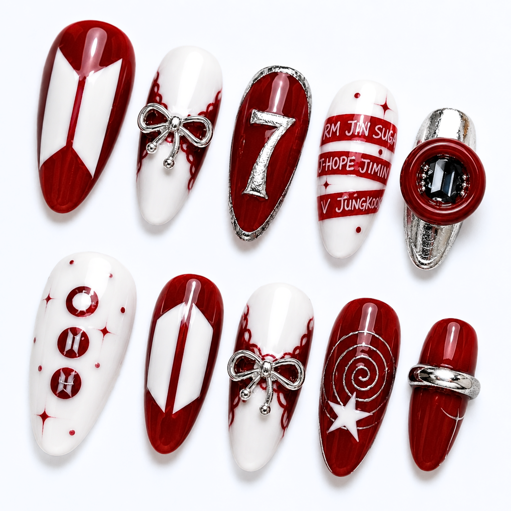 BTS OT7 Concert Press On Nails, Kpop Fandom Inspired Handmade Reusable Custom Nail Set