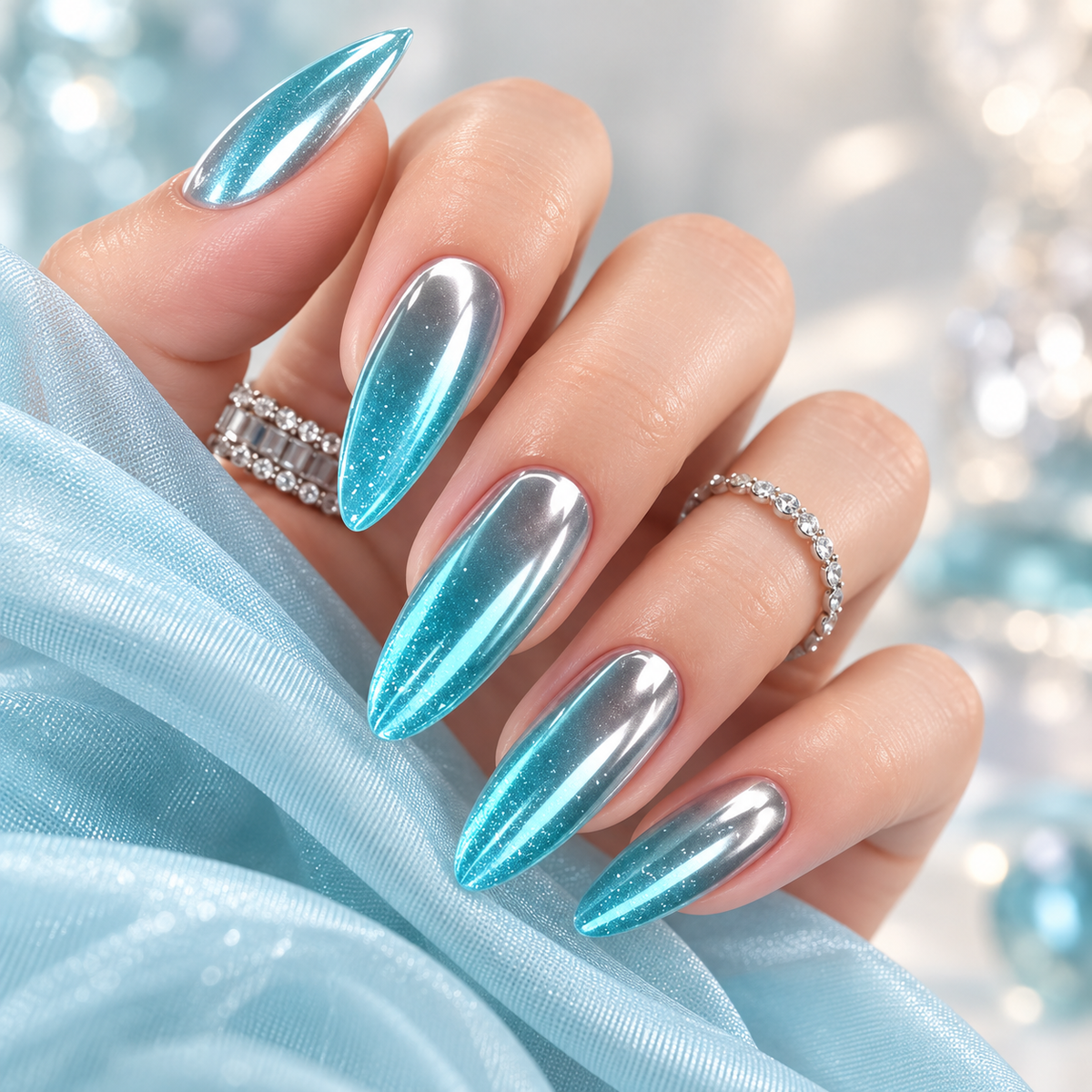 Silver Cat Eye Press On Nails – Aqua Glass Glow