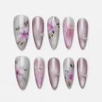 Pink Peach Blossom Press On Nails, Floral Almond Nails, Pearl Japanese Nail Art Set