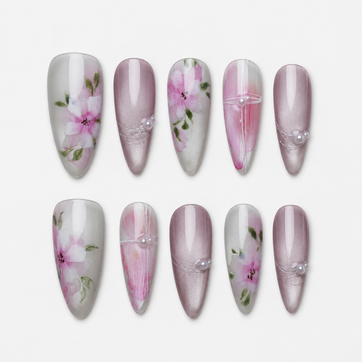 Pink Peach Blossom Press On Nails, Floral Almond Nails, Pearl Japanese Nail Art Set