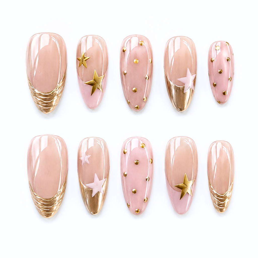 Gold Star Press On Nails Pink Nude Chrome, Y2K Almond Handmade Nail Set