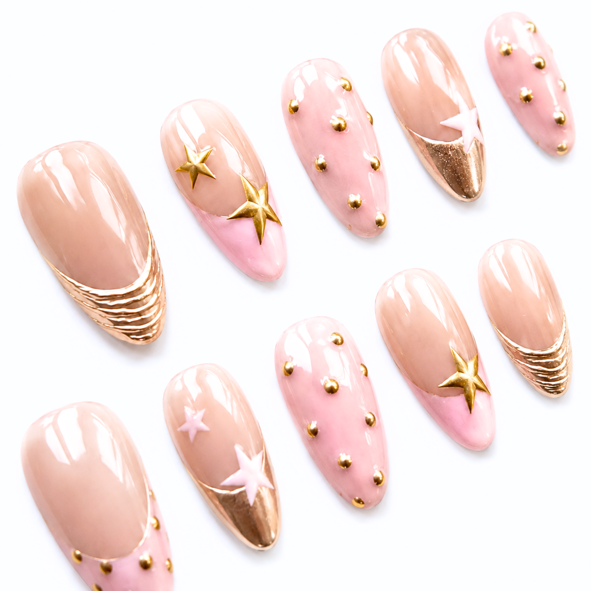 Gold Star Press On Nails Pink Nude Chrome, Y2K Almond Handmade Nail Set