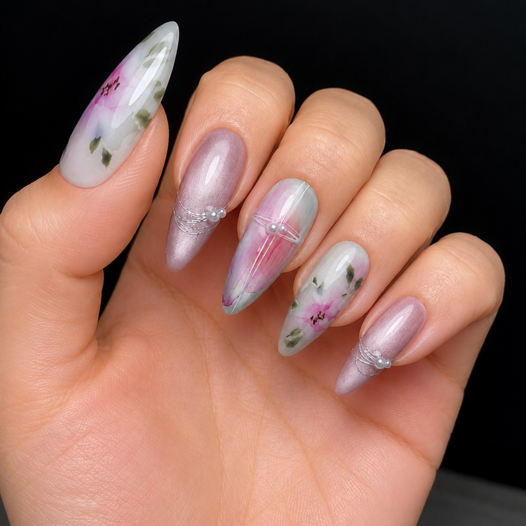 Pink Peach Blossom Press On Nails, Floral Almond Nails, Pearl Japanese Nail Art Set