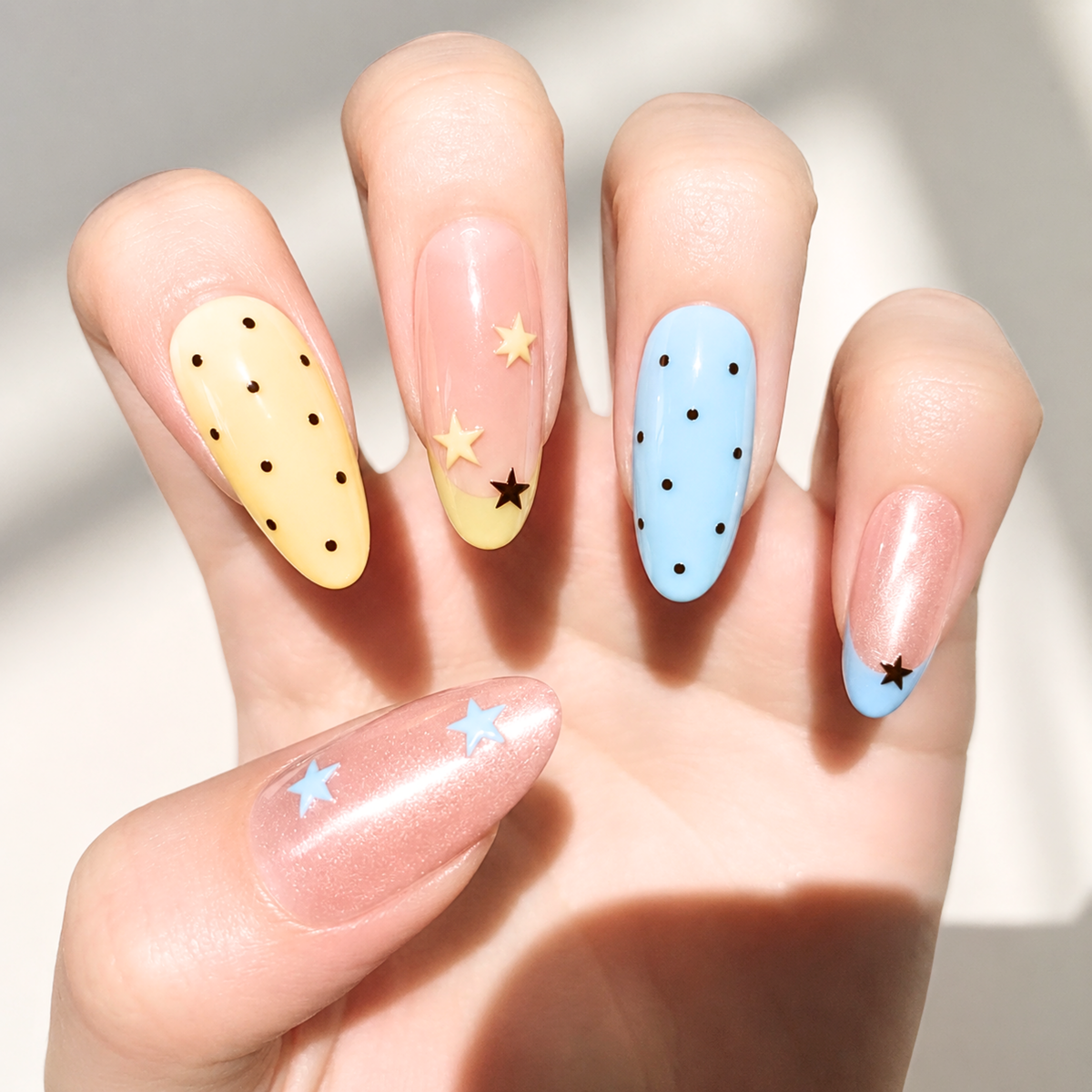 Pastel Polka Dot Press On Nails, Star Y2K Almond Nails Handmade Kawaii Reusable Nail Set