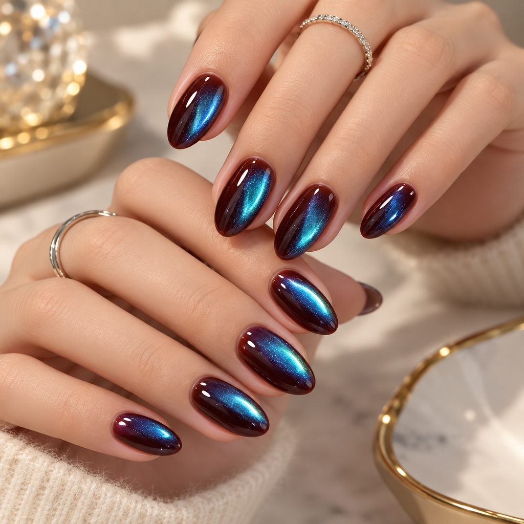 Blue Cat Eye Press On Nails – Cyan Magnetic Glow