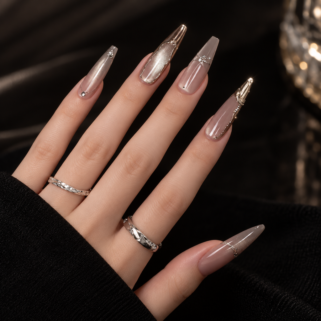 Eclipse Cat Eye Press On Nails – Champagne Silver Glow