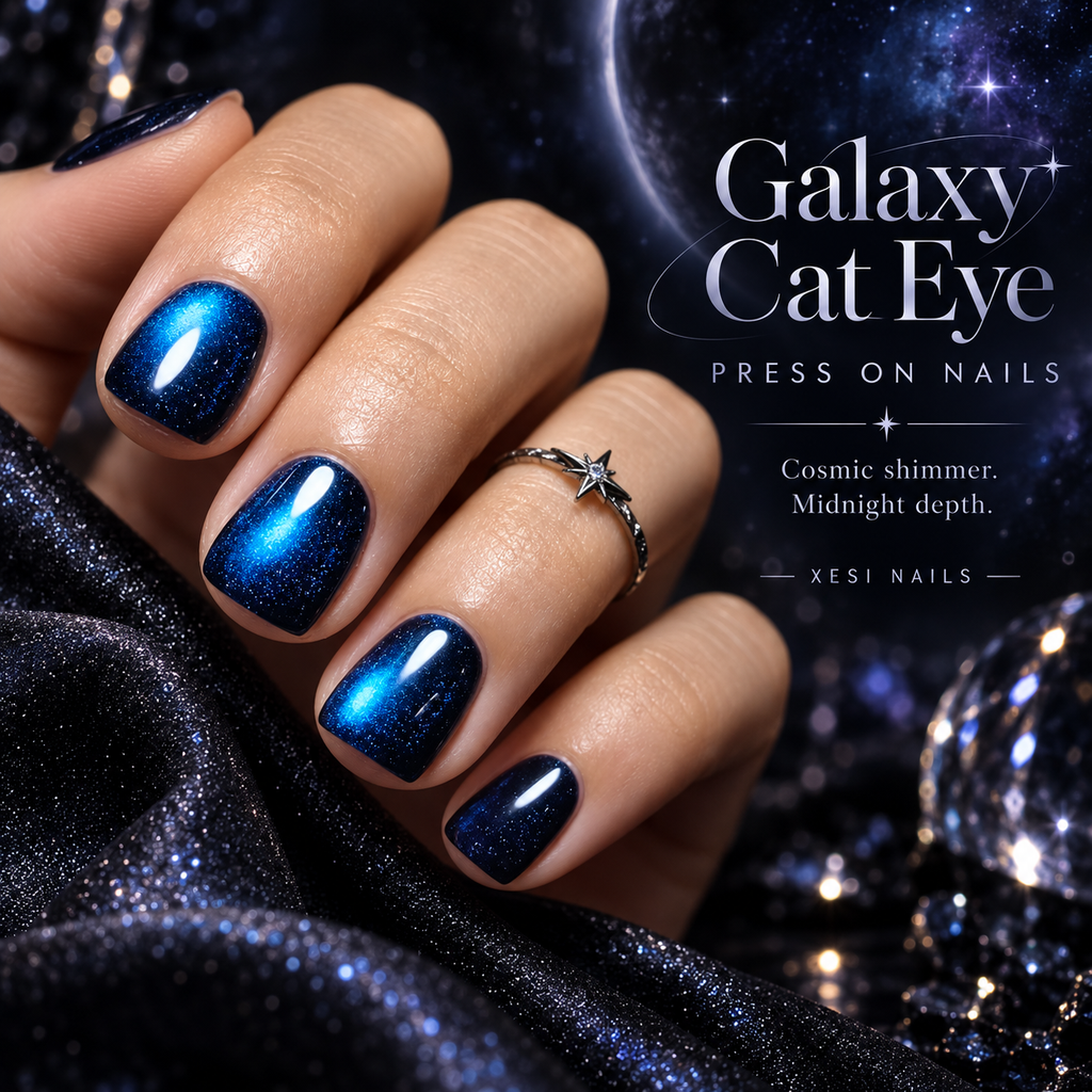 Blue Galaxy Cat Eye Press On Nails, Glitter Handmade Short Square Fake Nails