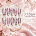 Pink Peach Blossom Press On Nails, Floral Almond Nails, Pearl Japanese Nail Art Set