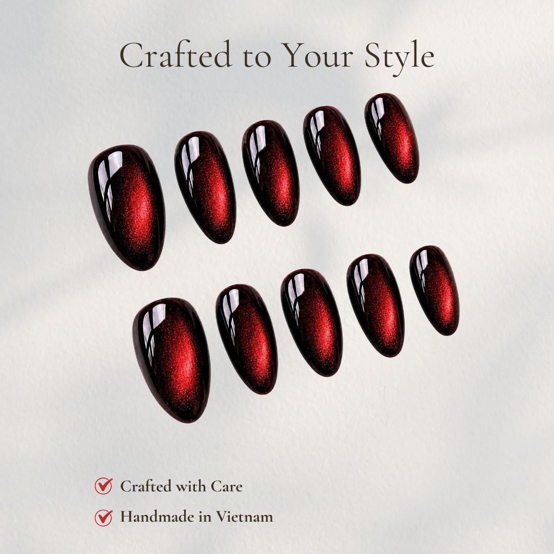 Burgundy Red Cat Eye Press on Nails, Handmade Almond Magnetic Nail Set
