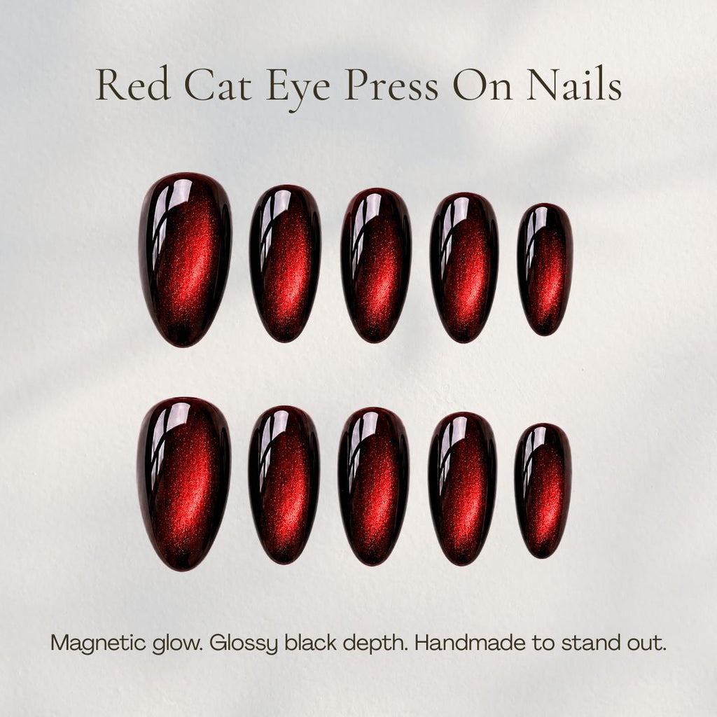 Burgundy Red Cat Eye Press on Nails, Handmade Almond Magnetic Nail Set