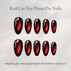 Burgundy Red Cat Eye Press on Nails, Handmade Almond Magnetic Nail Set