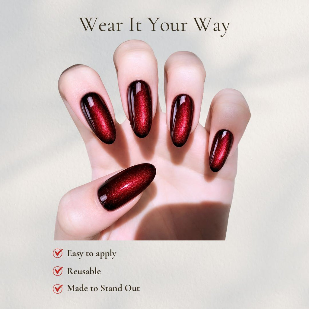 Burgundy Red Cat Eye Press on Nails, Handmade Almond Magnetic Nail Set