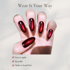 Burgundy Red Cat Eye Press on Nails, Handmade Almond Magnetic Nail Set