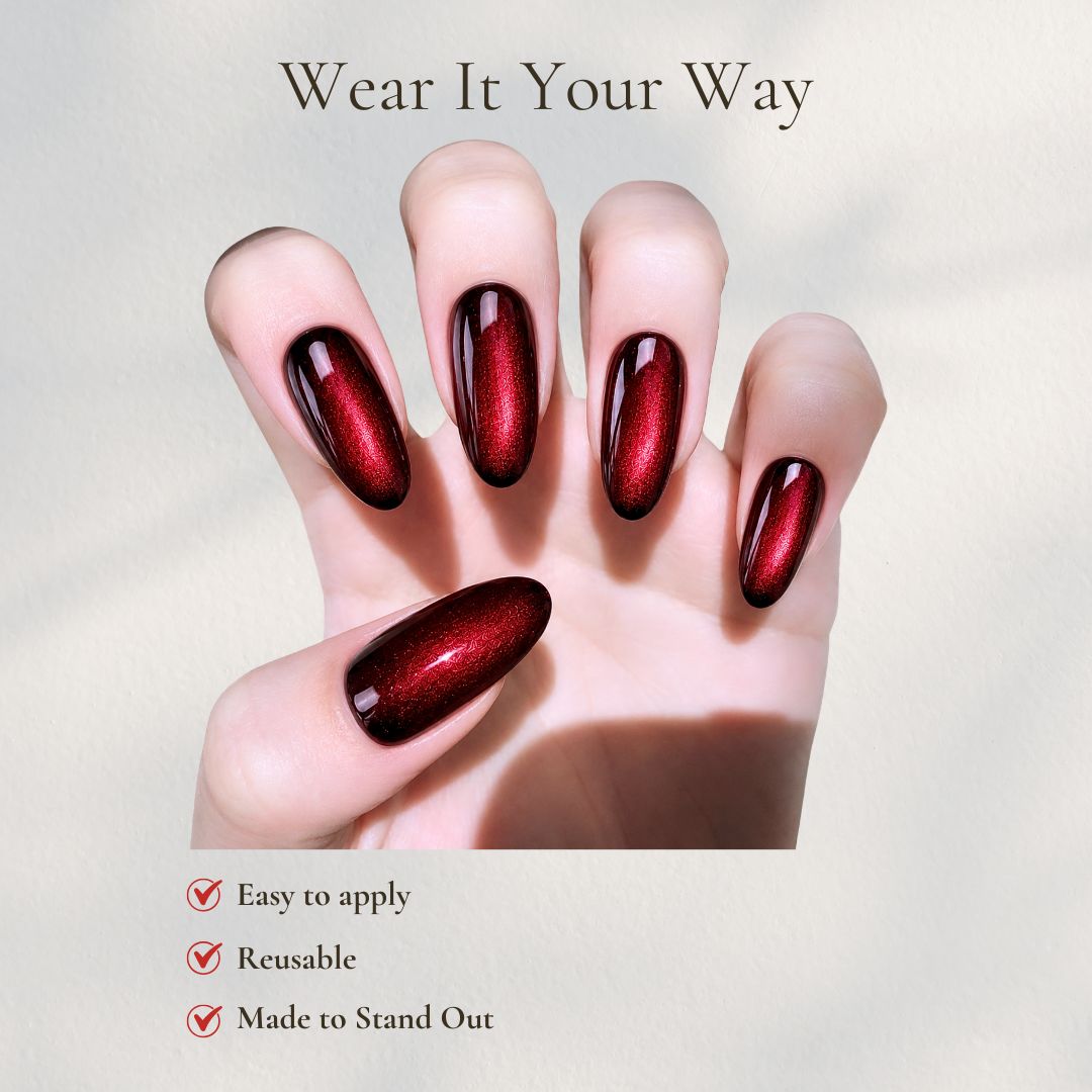 Burgundy Red Cat Eye Press on Nails, Handmade Almond Magnetic Nail Set