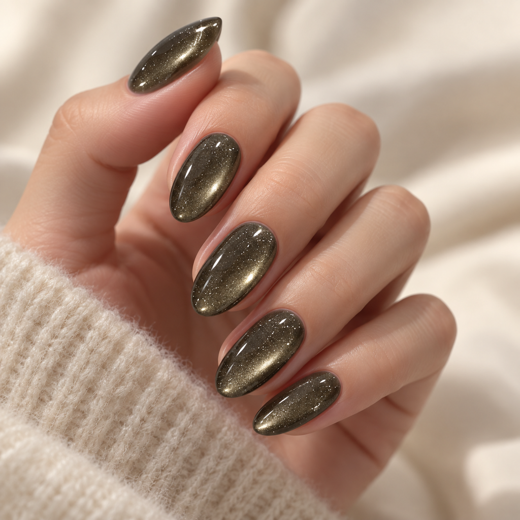 Smoky Olive Cat Eye Press On Nails – Champagne Glow
