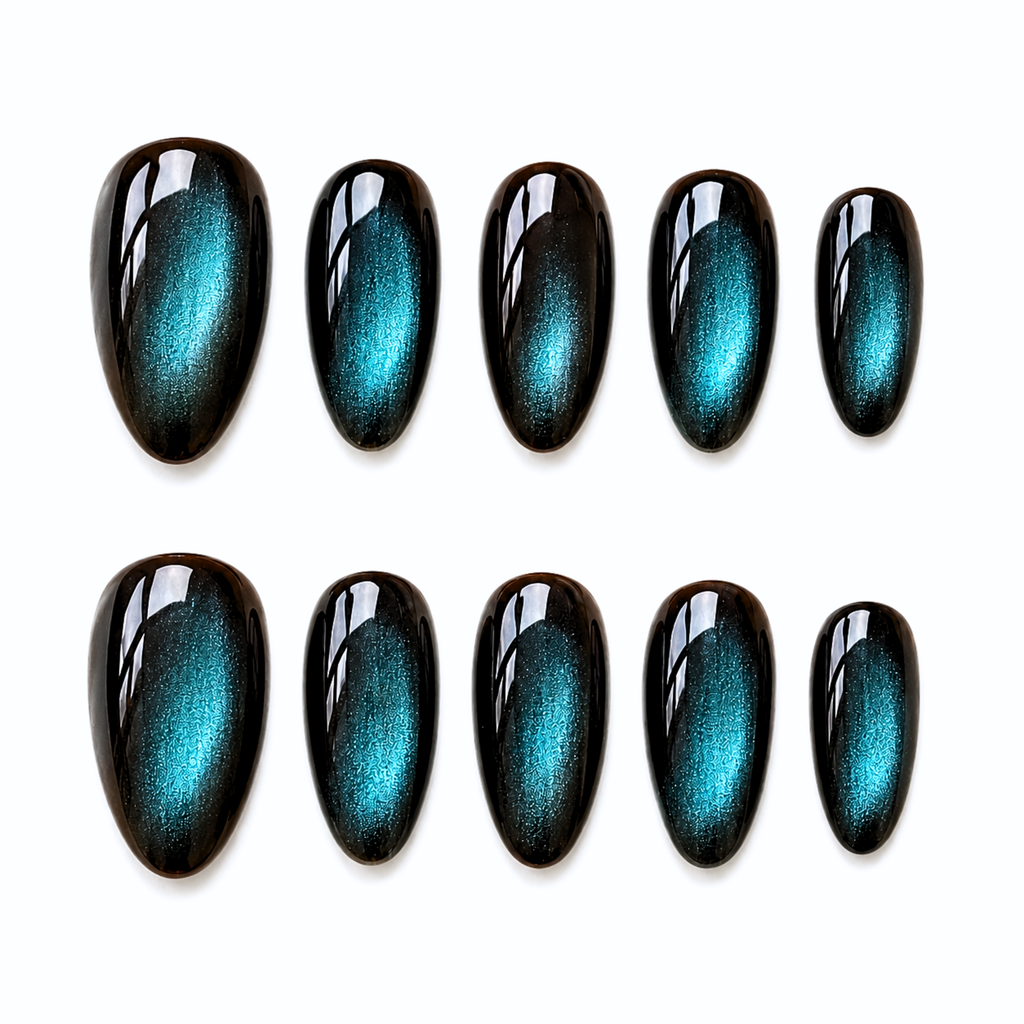 Blue Cat Eye Press On Nails,  Aura Nails Handmade Almond Reusable Nail Set