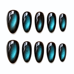 Blue Cat Eye Press On Nails,  Aura Nails Handmade Almond Reusable Nail Set