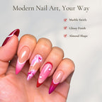Red Pink French Tip Press On Nails, Marble Swirl Glossy Handmade Almond Fake Nails