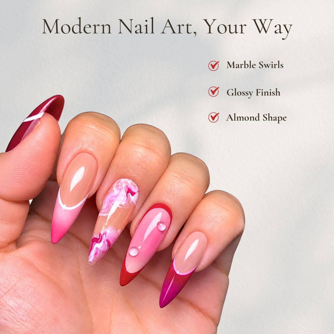 Red Pink French Tip Press On Nails, Marble Swirl Glossy Handmade Almond Fake Nails