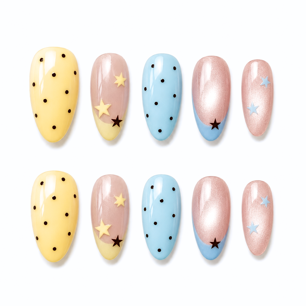 Pastel Polka Dot Press On Nails, Star Y2K Almond Nails Handmade Kawaii Reusable Nail Set