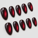 Burgundy Red Cat Eye Press on Nails, Handmade Almond Magnetic Nail Set