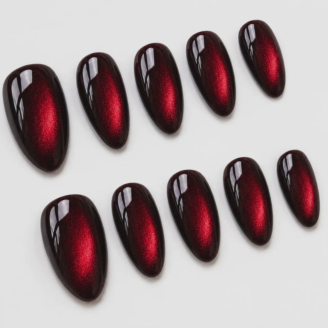 Burgundy Red Cat Eye Press on Nails, Handmade Almond Magnetic Nail Set