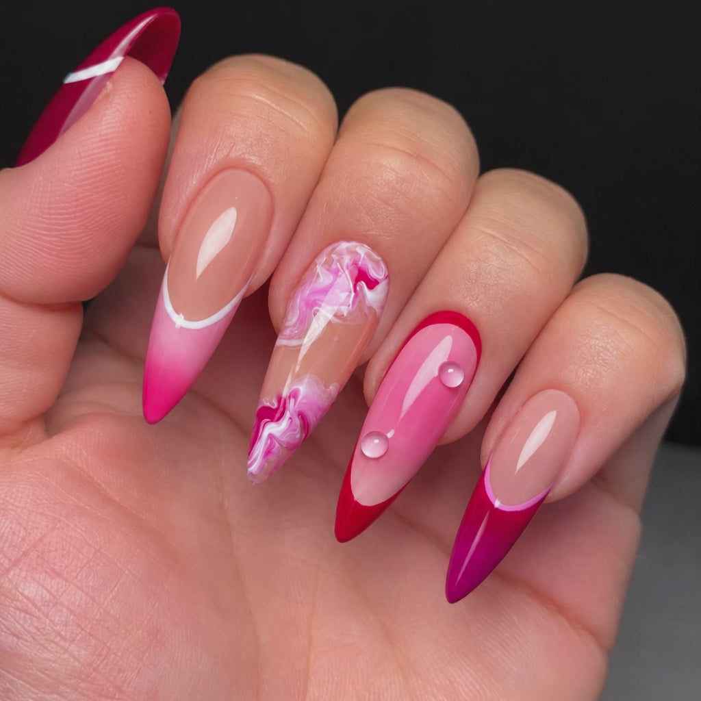 Red Pink French Tip Press On Nails, Marble Swirl Glossy Handmade Almond Fake Nails