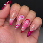 Red Pink French Tip Press On Nails, Marble Swirl Glossy Handmade Almond Fake Nails
