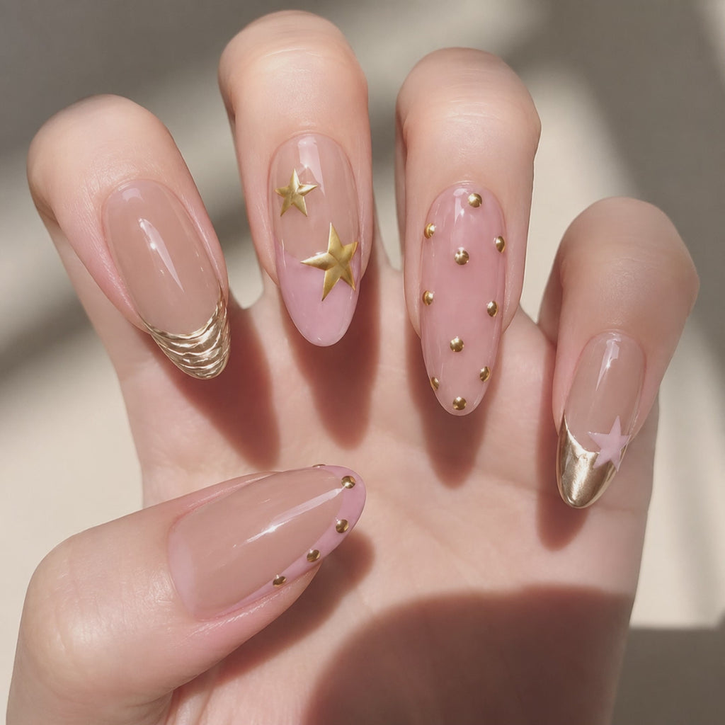 Gold Star Press On Nails Pink Nude Chrome, Y2K Almond Handmade Nail Set