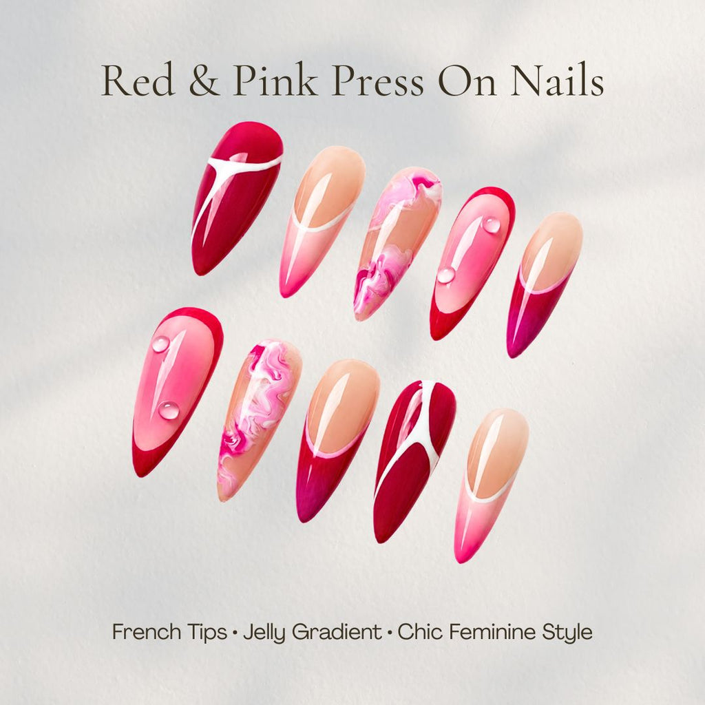 Red Pink French Tip Press On Nails, Marble Swirl Glossy Handmade Almond Fake Nails