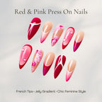 Red Pink French Tip Press On Nails, Marble Swirl Glossy Handmade Almond Fake Nails