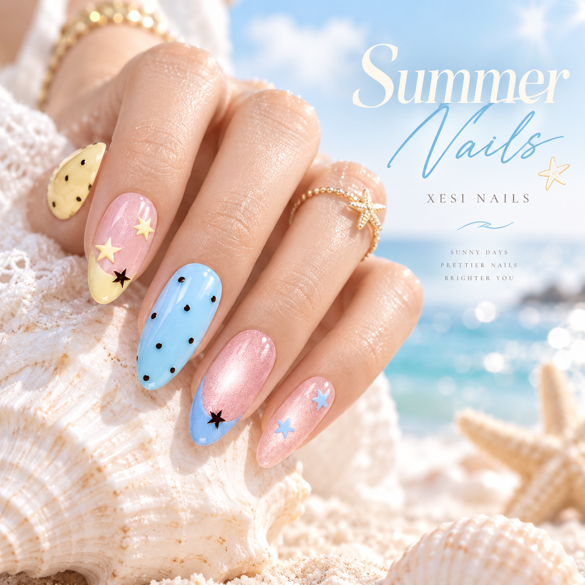 Pastel Polka Dot Press On Nails, Star Y2K Almond Nails Handmade Kawaii Reusable Nail Set