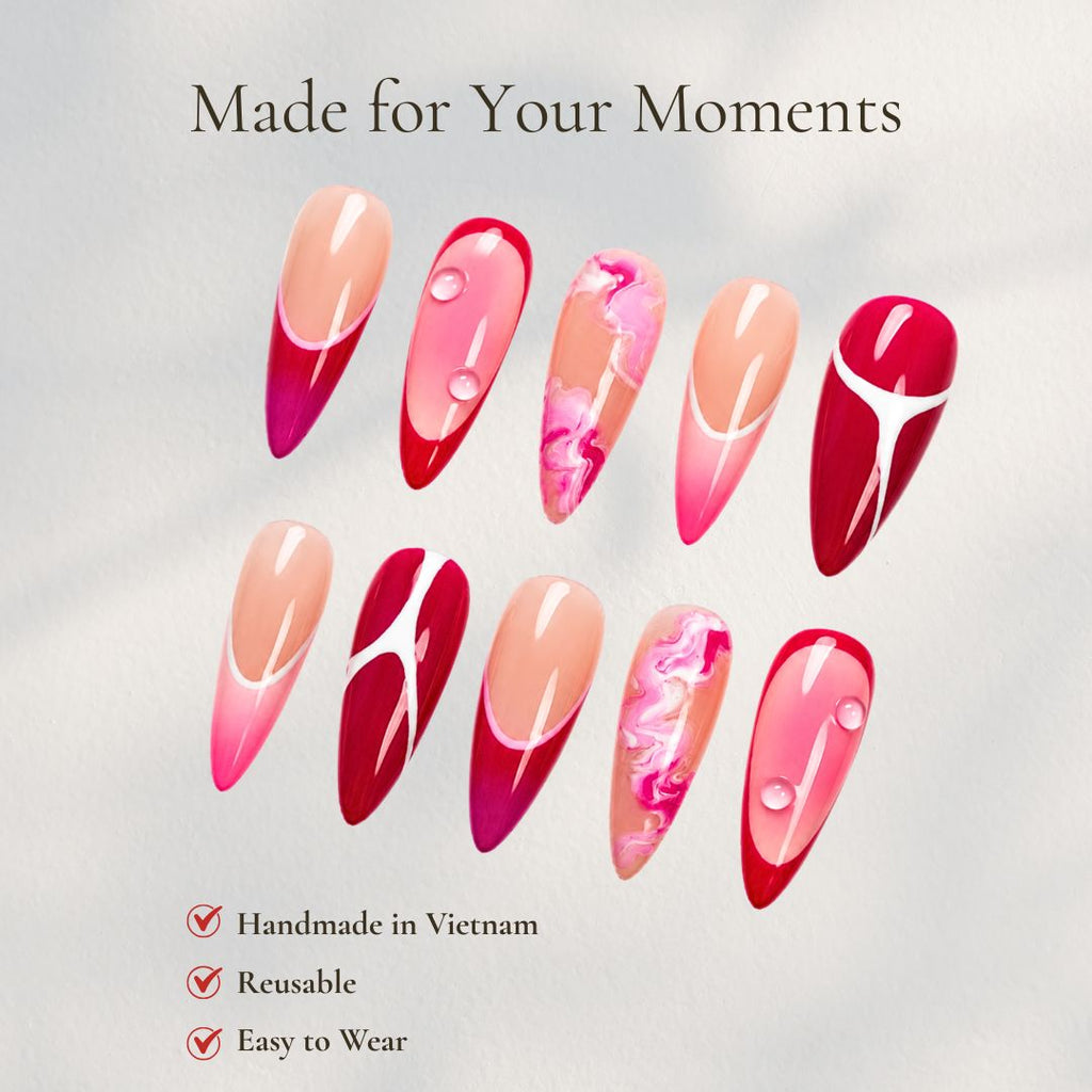 Red Pink French Tip Press On Nails, Marble Swirl Glossy Handmade Almond Fake Nails