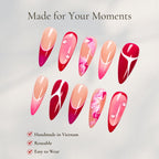 Red Pink French Tip Press On Nails, Marble Swirl Glossy Handmade Almond Fake Nails